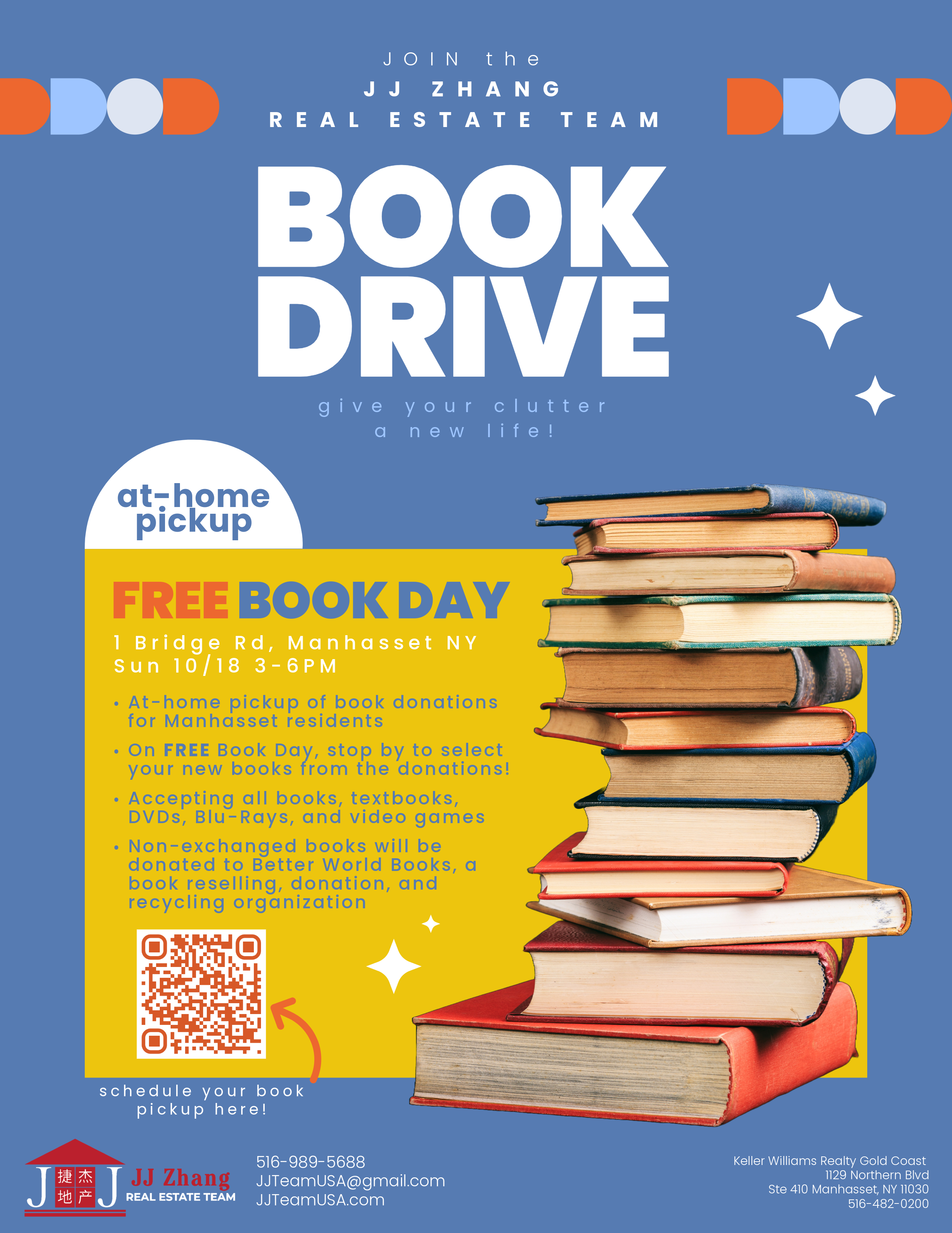 JJ Zhang Real Estate Team Book Drive — at-home pickup and FREE Book Day, Sunday October 18, 3–6PM, 1 Bridge Rd, Manhasset NY. Accepting books, textbooks, DVDs, Blu-Rays, and video games.