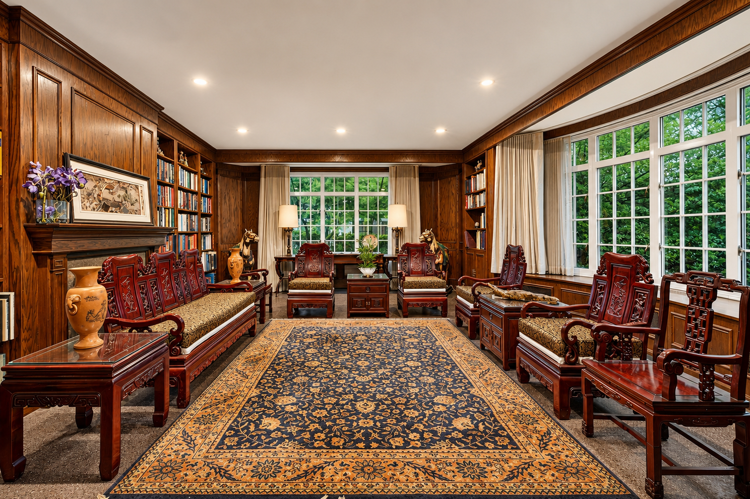 Wood-paneled library